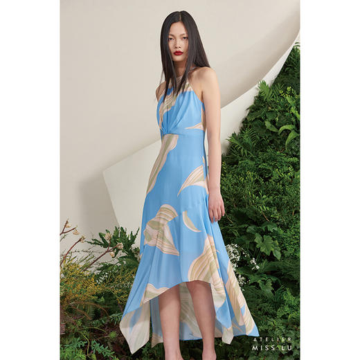 【玻利维亚】海流叶不规则拼接下摆天空蓝真丝连衣裙/0000668B 商品图1