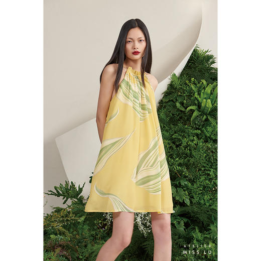 【岛屿心情】海流叶领口抽褶柠檬黄真丝大摆连衣裙/0000701E 商品图1