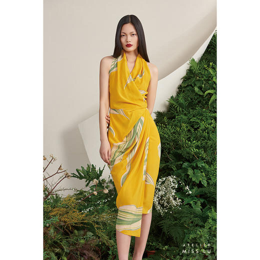 【潘思帕国王】海流叶立裁垂皱腰间系带流心黄真丝裹身连衣裙/0000703D 商品图0