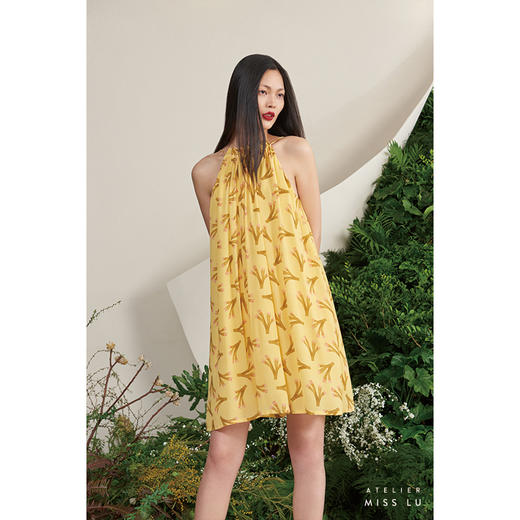 【岛屿心情】大鹿藻领口抽褶柠檬黄真丝大摆连衣裙/0000701F 商品图1