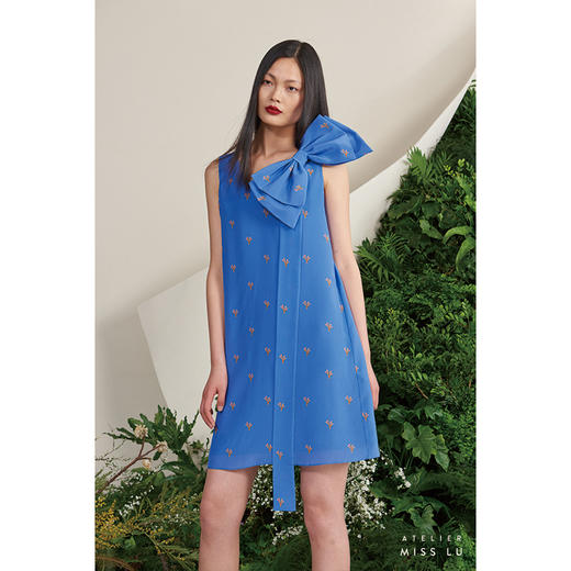 【香草苏打】小鹿藻造型蝴蝶结飘带海蓝真丝连衣裙/0000658 商品图3