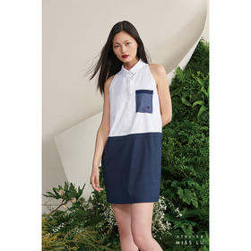 【夏日回音】法式小圆领薄纱口袋藏青纯白撞色无袖衬衫连衣裙/0000678