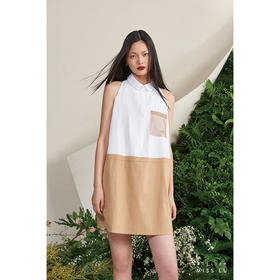 【夏日回音】法式小圆领薄纱口袋浅驼拼白无袖衬衣连衣裙/0000678A