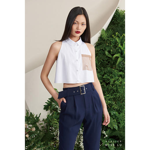 【罗马夏日】法式小圆领薄纱口袋浅驼拼白无袖衬衫短上衣/00188A 商品图2