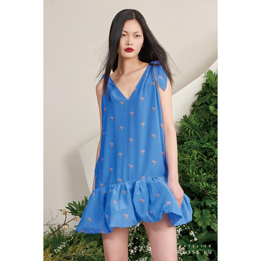 【不具名的叶】小鹿藻V领系带造型下摆海蓝真丝连衣裙/0000702 商品图0