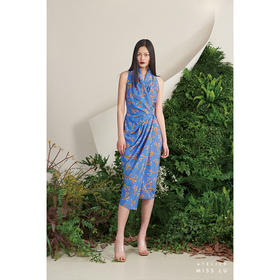 【潘思帕国王】大鹿藻立裁垂皱腰间系带海蓝真丝裹身连衣裙/0000703C