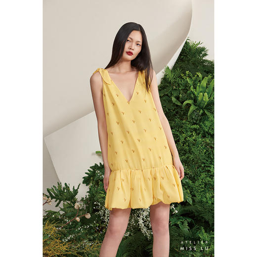 【不具名的叶】小鹿藻V领系带造型下摆柠檬黄真丝连衣裙/0000702G 商品图1