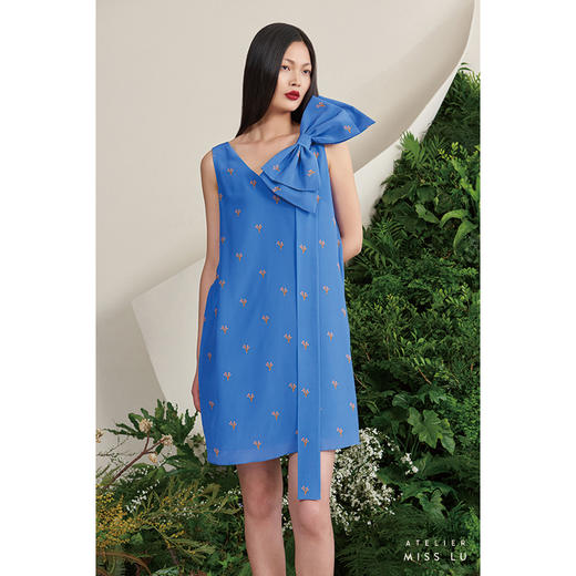 【香草苏打】小鹿藻造型蝴蝶结飘带海蓝真丝连衣裙/0000658 商品图1
