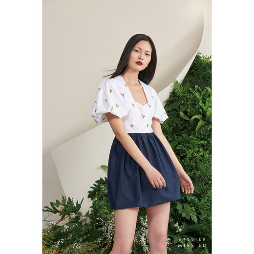 【海洋麋鹿】小鹿藻异形方领泡泡袖撞色花苞连衣裙/0000692 商品图2