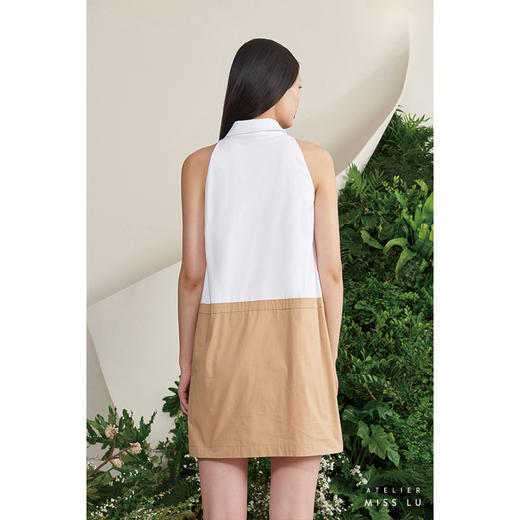 【夏日回音】法式小圆领薄纱口袋浅驼拼白无袖衬衣连衣裙/0000678A 商品图3