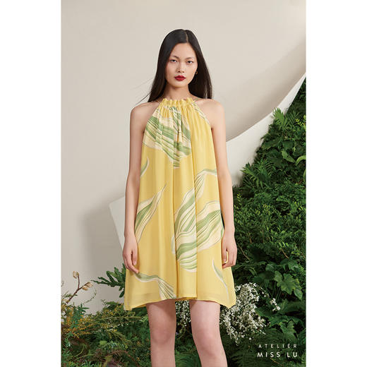 【岛屿心情】海流叶领口抽褶柠檬黄真丝大摆连衣裙/0000701E 商品图0