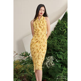 【潘思帕国王】大鹿藻立裁垂皱腰间系带柠檬黄真丝裹身连衣裙/0000703F