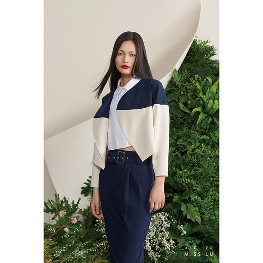 【昼夜】藏青米白撞色流线拼接长袖短款外套/00175 商品图2