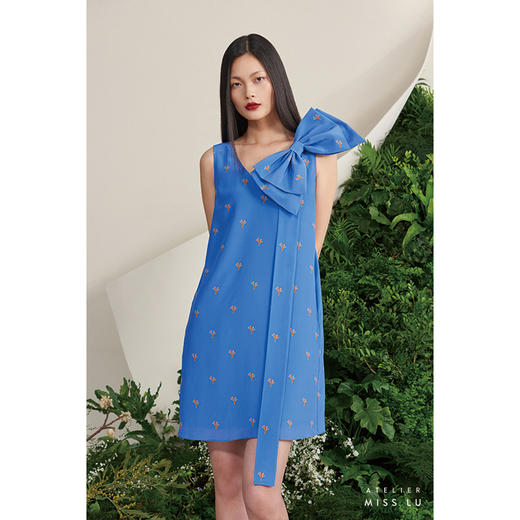 【香草苏打】小鹿藻造型蝴蝶结飘带海蓝真丝连衣裙/0000658 商品图0