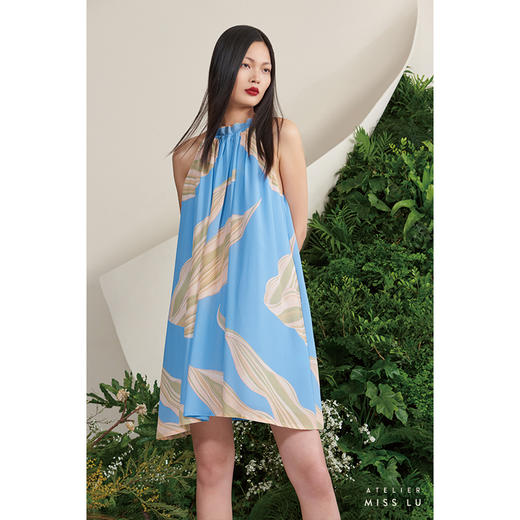 【岛屿心情】海流叶领口抽褶天空蓝真丝大摆连衣裙/0000701B 商品图2