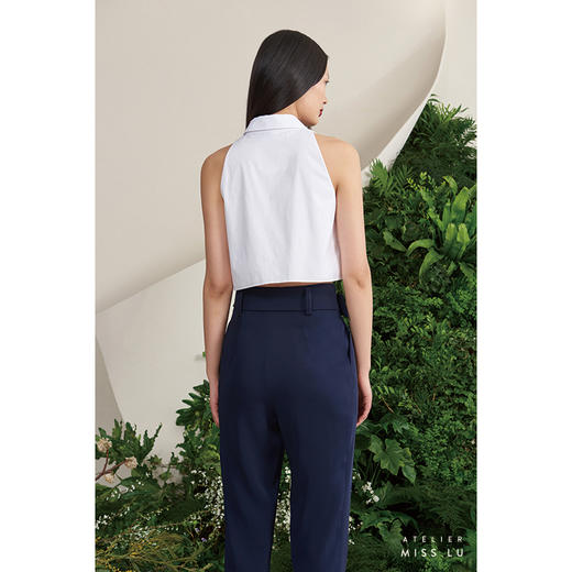 【罗马夏日】法式小圆领薄纱口袋藏青拼白无袖衬衫短上衣/00188 商品图3