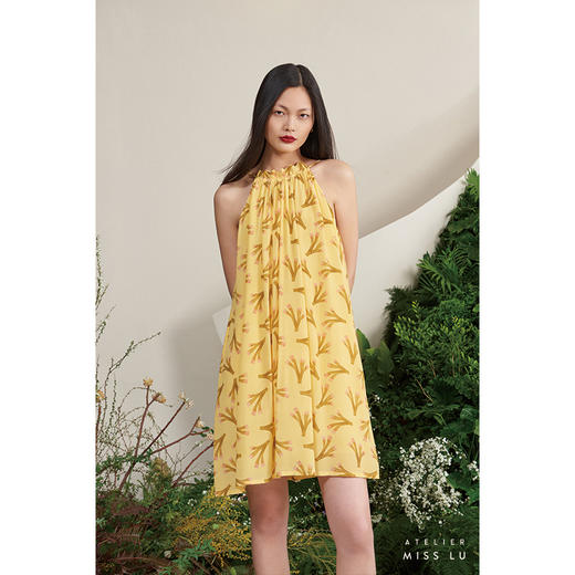 【岛屿心情】大鹿藻领口抽褶柠檬黄真丝大摆连衣裙/0000701F 商品图0