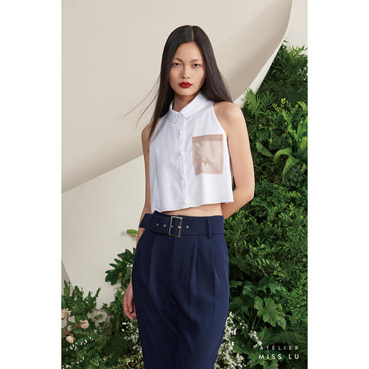 【罗马夏日】法式小圆领薄纱口袋浅驼拼白无袖衬衫短上衣/00188A 商品图1