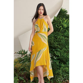 【玻利维亚】海流叶不规则拼接下摆流心黄真丝连衣裙/0000668D