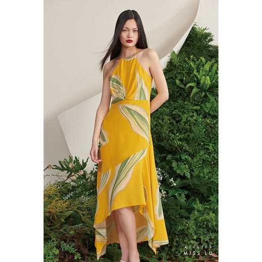 【玻利维亚】海流叶不规则拼接下摆流心黄真丝连衣裙/0000668D 商品图0