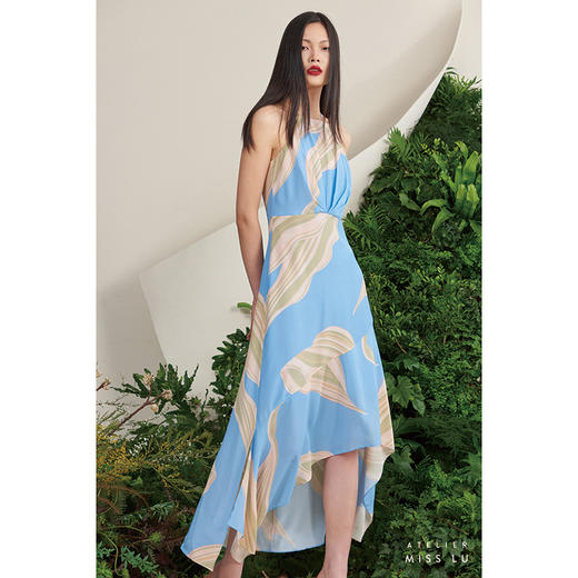 【玻利维亚】海流叶不规则拼接下摆天空蓝真丝连衣裙/0000668B 商品图2