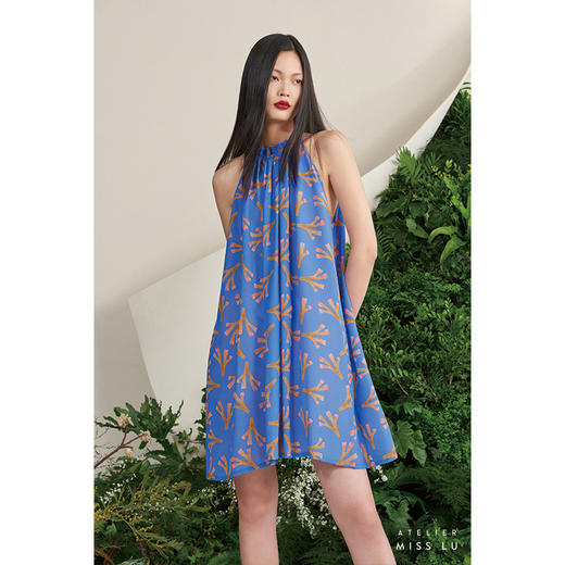 【岛屿心情】大鹿藻领口抽褶海蓝真丝大摆连衣裙/0000701 商品图2