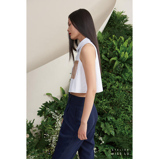 【罗马夏日】法式小圆领薄纱口袋浅驼拼白无袖衬衫短上衣/00188A 商品图3