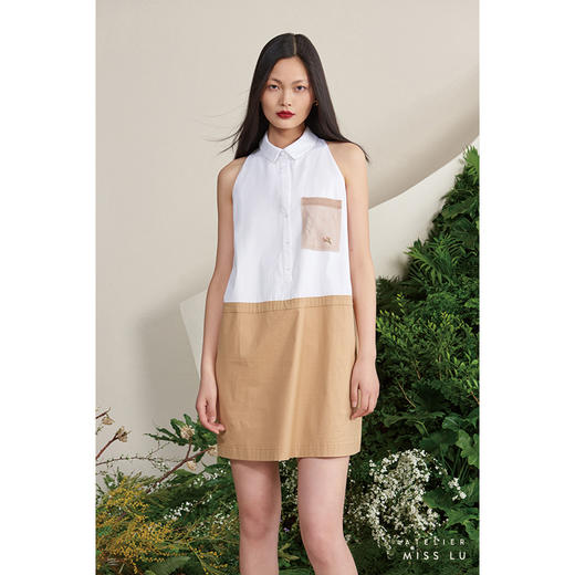 【夏日回音】法式小圆领薄纱口袋浅驼拼白无袖衬衣连衣裙/0000678A 商品图1