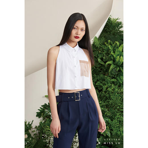 【罗马夏日】法式小圆领薄纱口袋浅驼拼白无袖衬衫短上衣/00188A 商品图0