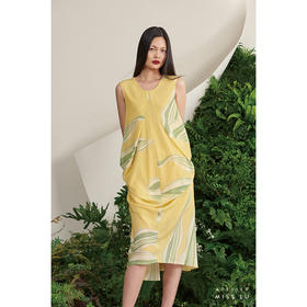 【木本曼陀罗】海流叶后背V字镂空柠檬黄真丝立裁连衣裙/0000659E