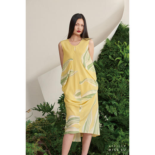 【木本曼陀罗】海流叶后背V字镂空柠檬黄真丝立裁连衣裙/0000659E 商品图0