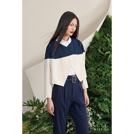 【昼夜】藏青米白撞色流线拼接长袖短款外套/00175 商品图1