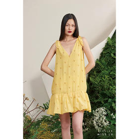 【不具名的叶】小鹿藻V领系带造型下摆柠檬黄真丝连衣裙/0000702G