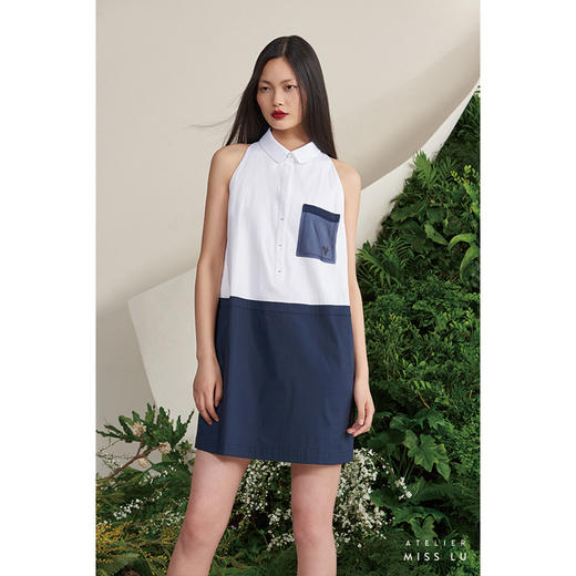 【夏日回音】法式小圆领薄纱口袋藏青纯白撞色无袖衬衫连衣裙/0000678 商品图1