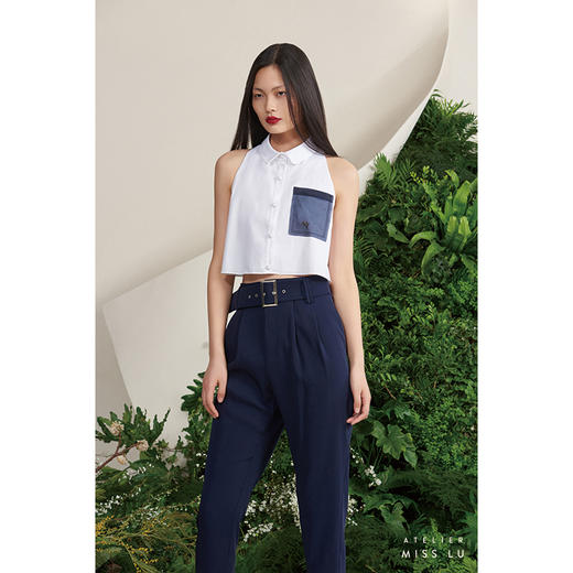 【罗马夏日】法式小圆领薄纱口袋藏青拼白无袖衬衫短上衣/00188 商品图2