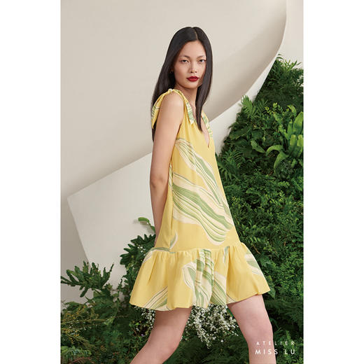 【不具名的叶】海流叶V领系带造型下摆柠檬黄真丝连衣裙/0000702E 商品图1
