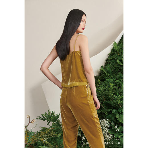 【葡萄风信子】古铜黄真丝丝绒不规则拼接领口吊带上衣00179A 商品图1