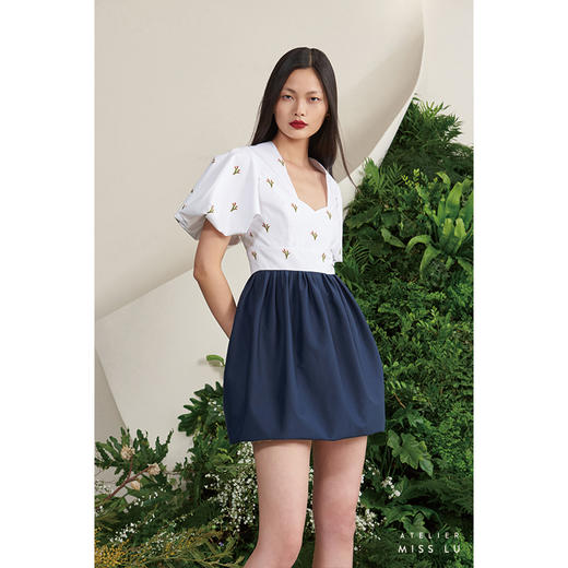 【海洋麋鹿】小鹿藻异形方领泡泡袖撞色花苞连衣裙/0000692 商品图0