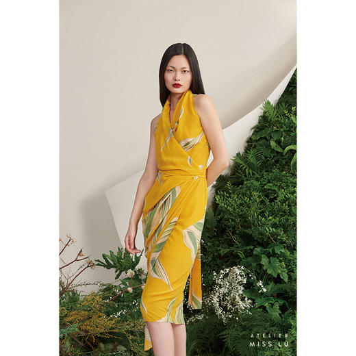 【潘思帕国王】海流叶立裁垂皱腰间系带流心黄真丝裹身连衣裙/0000703D 商品图1