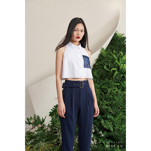 【罗马夏日】法式小圆领薄纱口袋藏青拼白无袖衬衫短上衣/00188 商品图1