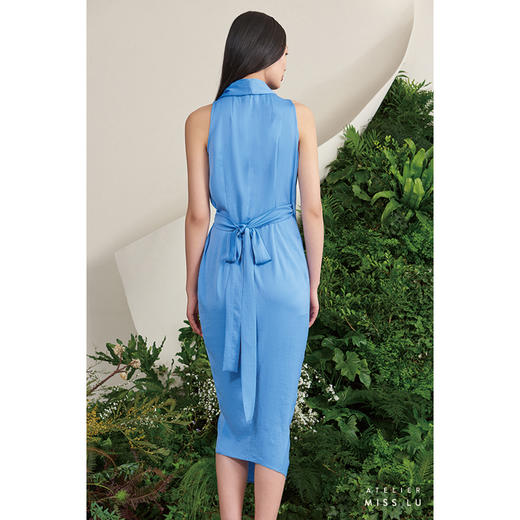 【潘思帕国王】海盐蓝立裁垂皱腰间系带裹身连衣裙/0000703A 商品图3