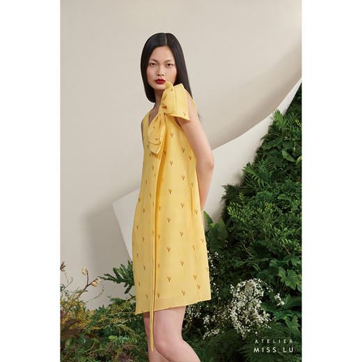 【香草苏打】小鹿藻造型蝴蝶结飘带柠檬黄真丝连衣裙/0000658G 商品图1