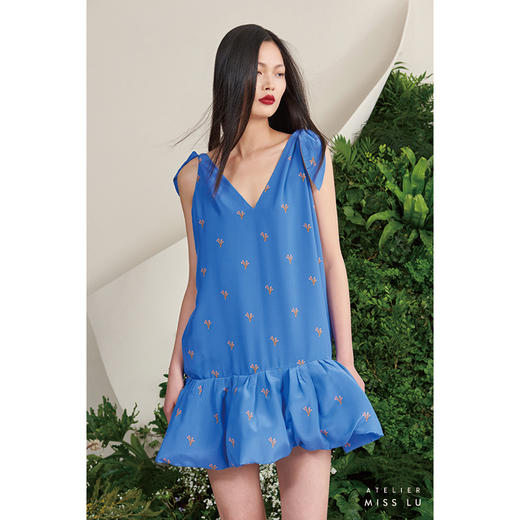 【不具名的叶】小鹿藻V领系带造型下摆海蓝真丝连衣裙/0000702 商品图2