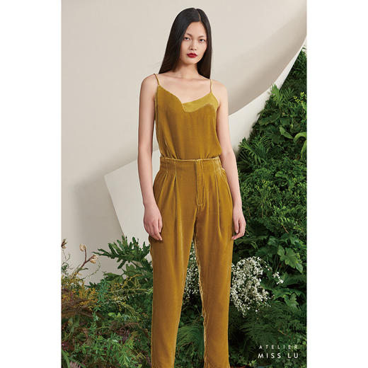 【胡枝子】古铜黄真丝丝绒高腰烟管长裤/00094A 商品图1