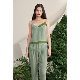 【葡萄风信子】领口曲线拼接海松绿真丝丝绒吊带上衣/00179