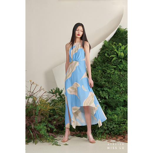 【玻利维亚】海流叶不规则拼接下摆天空蓝真丝连衣裙/0000668B 商品图0
