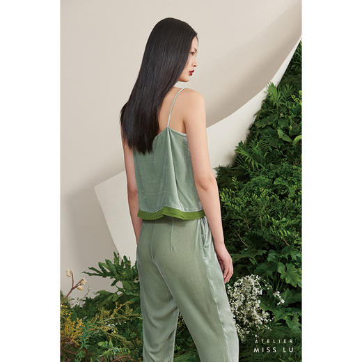 【葡萄风信子】领口曲线拼接海松绿真丝丝绒吊带上衣/00179 商品图3