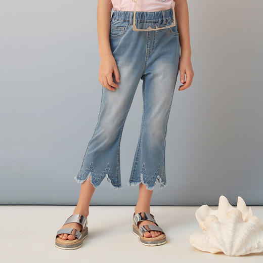 【轻薄抗菌牛仔裤】2021夏新款童装绣花磨边牛仔裤女童喇叭裤 商品图2