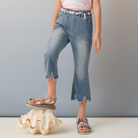 【轻薄抗菌牛仔裤】2021夏新款童装绣花磨边牛仔裤女童喇叭裤