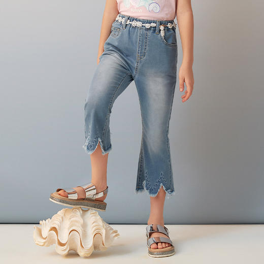 【轻薄抗菌牛仔裤】2021夏新款童装绣花磨边牛仔裤女童喇叭裤 商品图0